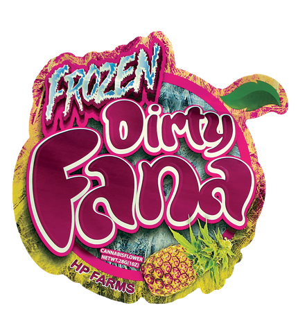 Mylar Bag Colorful logo with 'Frozen Dirty Fana' text and herbflower design on a white background