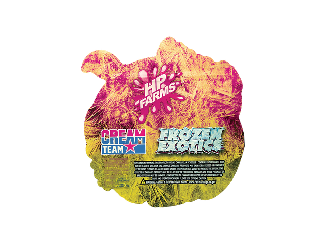 Mylar Bag Product packaging with HP Farms, Cream Team, and Frozen Exotics branding on a colorful background.