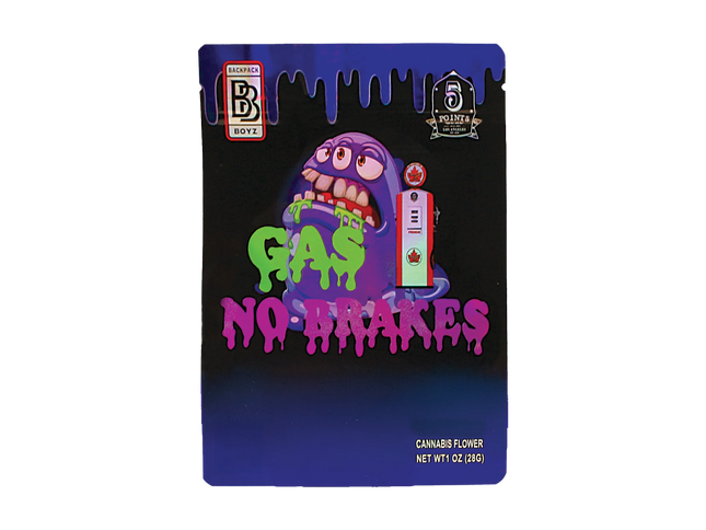 Mylar Bag herb packaging with a cartoon character and 'Gas No Brakes' text on a black background