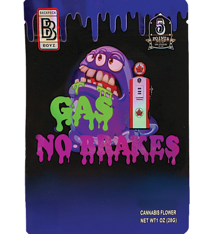 Mylar Bag herb packaging with a cartoon character and 'Gas No Brakes' text on a black background