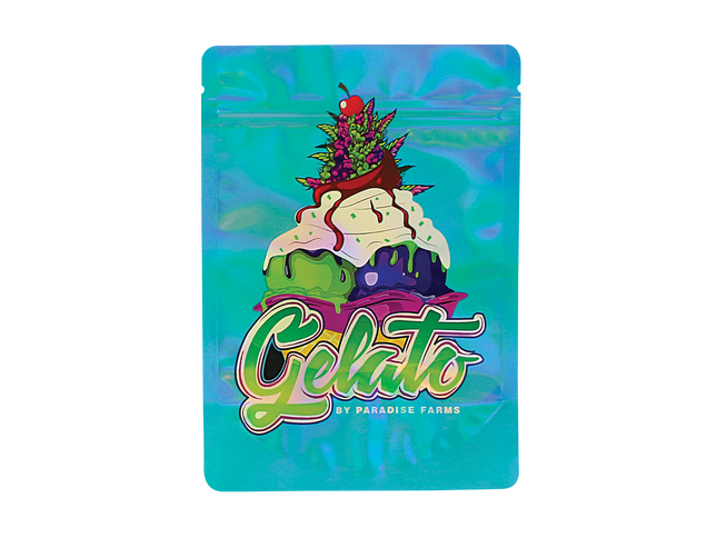 Mylar Bag Gelato-themed packaging with ice cream cone illustration on a blue background