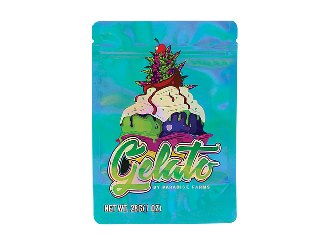 Mylar Bag Gelato packaging with colorful design and 'Paradise Farms' branding on a blue background