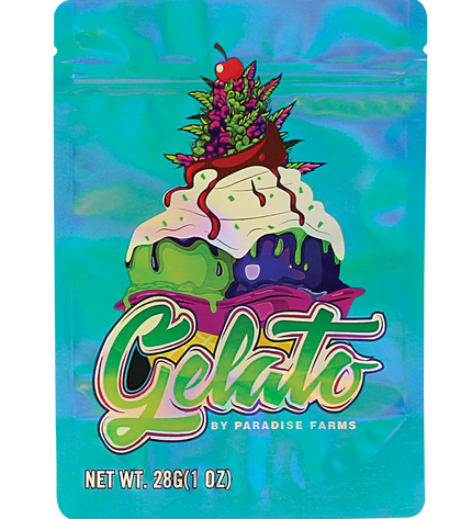 Mylar Bag Gelato packaging with colorful design and 'Paradise Farms' branding on a blue background