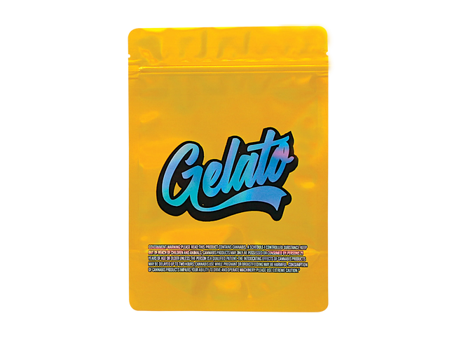 Mylar Bag Yellow packaging with 'Gelato' branding on a white background