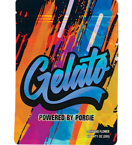 Mylar Bag Colorful packaging with 'Gelato' branding and 'Powered by Porgie' text on a white background
