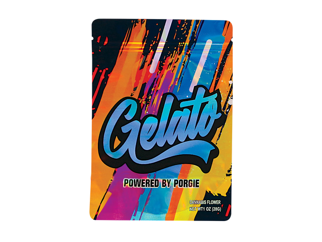 Mylar Bag Colorful packaging with 'Gelato' branding and 'Powered by Porgie' text on a white background