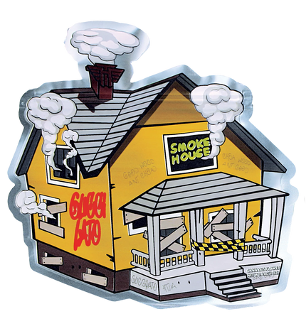 Mylar Bag Illustration of a smokehouse with 'Smoke House' sign and 'Geez BBQ' text on a white background