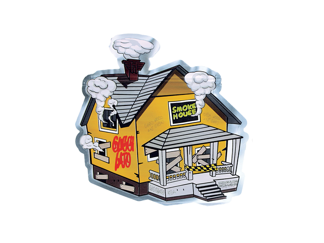 Mylar Bag Illustration of a smokehouse with 'Smoke House' sign and 'Geez BBQ' text on a white background