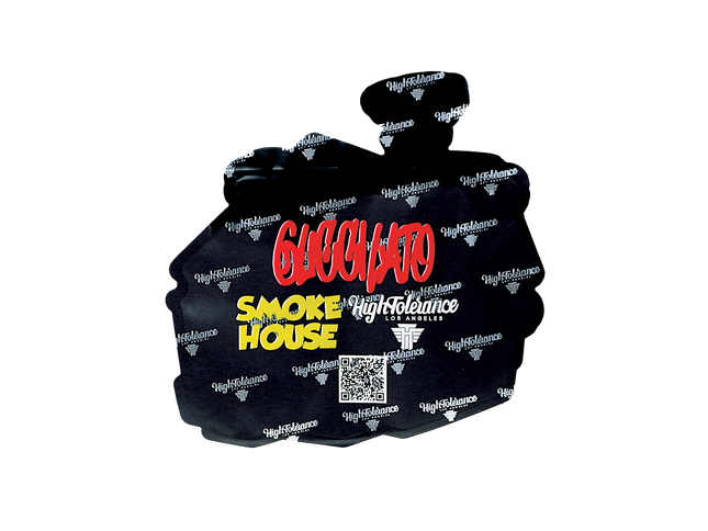 Mylar Bag Black hoodie with 'Guchacho Smoke House' and 'High Tolerance' branding on a white background