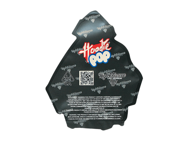 Mylar Bag Black hoodie with 'Hoodie Pop' branding and a QR code on the back, on a white background.