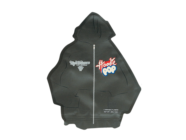 Mylar Bag Black hoodie with text and logos on a white background