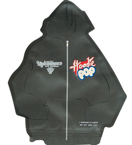 Mylar Bag Black hoodie with text and logos on a white background