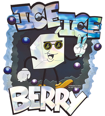 Mylar Bag Cartoon character with sunglasses and peace sign, surrounded by colorful text and shapes on a white background