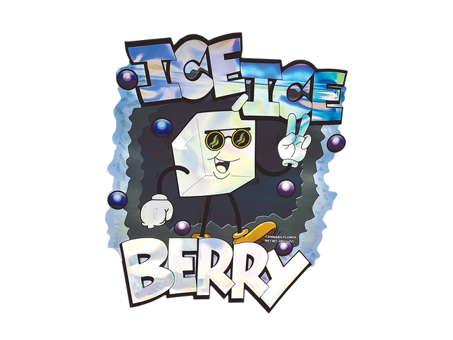Mylar Bag Cartoon character with sunglasses and peace sign, surrounded by colorful text and shapes on a white background