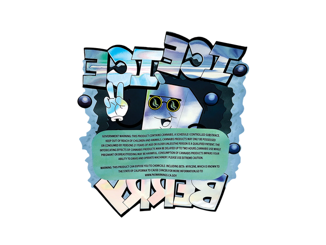 Mylar Bag Drug-related product packaging with colorful text and symbols on a white background
