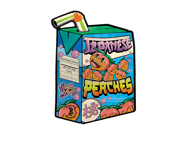 Mylar Bag Cartoon-style packaging of 'Japanese Peaches' with colorful design on a white background
