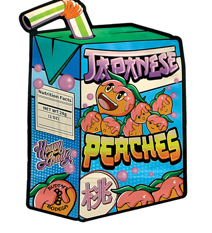 Mylar Bag Cartoon-style packaging of 'Japanese Peaches' with colorful design on a white background