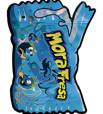 Mylar Bag Blue snack package with a spoon and nutritional information on a white background