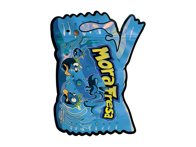 Mylar Bag Blue snack package with a spoon and nutritional information on a white background