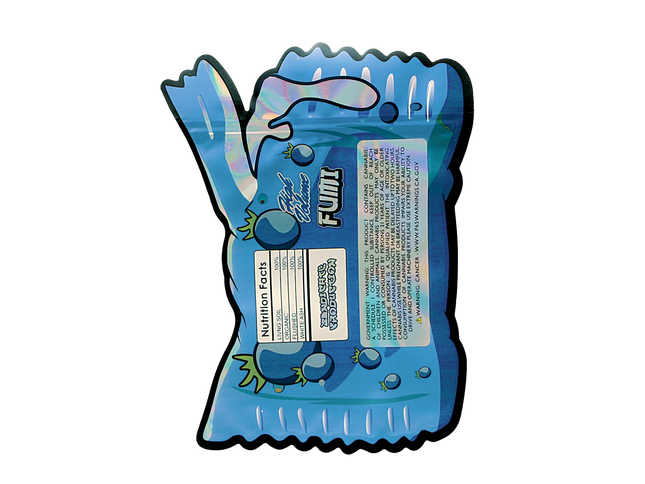 Mylar Bag Blue snack package with a spoon and nutritional information on a white background