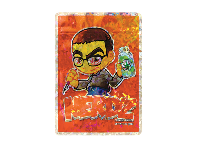 Mylar Bag Colorful packaging of a herb product with a cartoon character holding a bottle labeled 'HERDZ'.