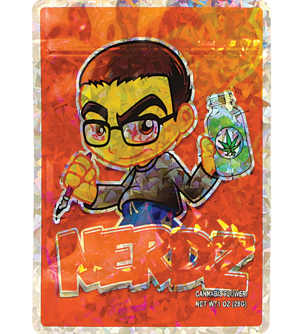 Mylar Bag Colorful packaging of a herb product with a cartoon character holding a bottle labeled 'HERDZ'.