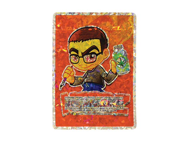 Mylar Bag Colorful product packaging with a cartoon character and text on an orange background