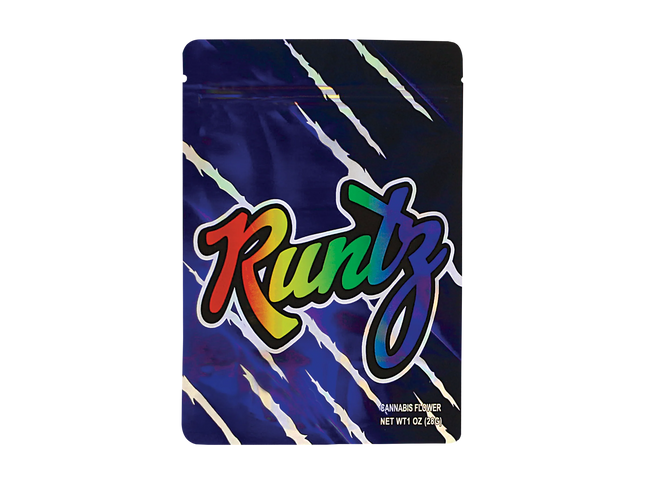 Mylar Bag Runtz herb flower packaging with colorful text on a blue and black background