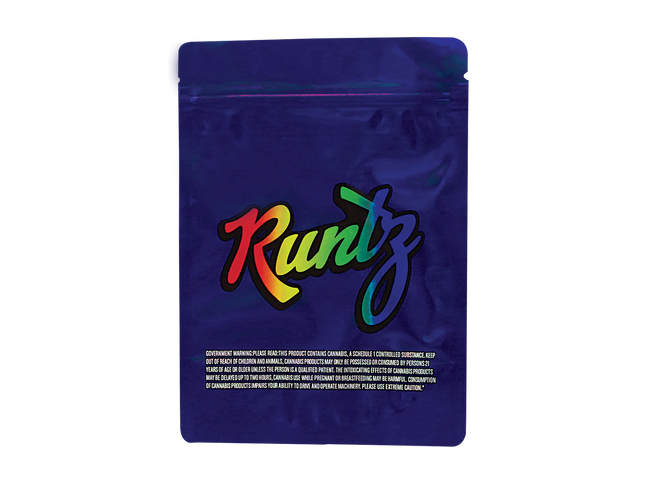 Mylar Bag Runtz packaging with colorful text on a blue background