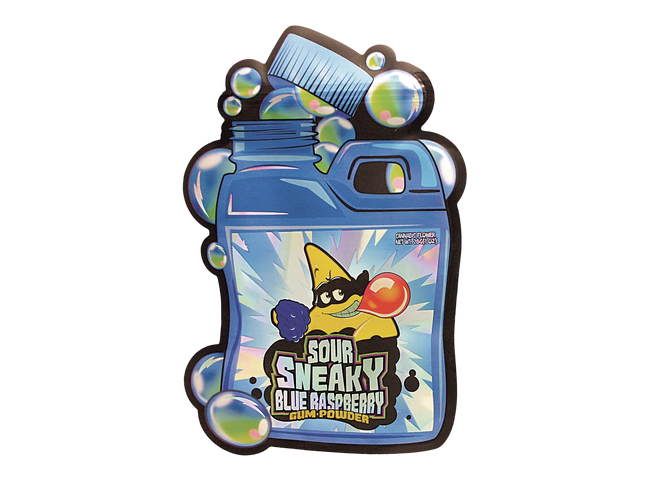 Mylar Bag Sour Sneaky Blue Raspberry gum powder packaging with cartoon character on a white background