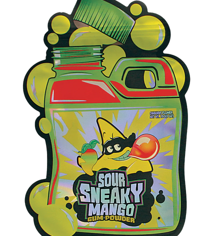 Mylar Bag Colorful packaging of Sour Sneaky Mango gum powder with cartoon character on a white background