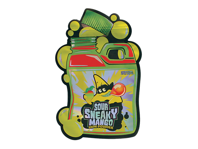 Mylar Bag Colorful packaging of Sour Sneaky Mango gum powder with cartoon character on a white background