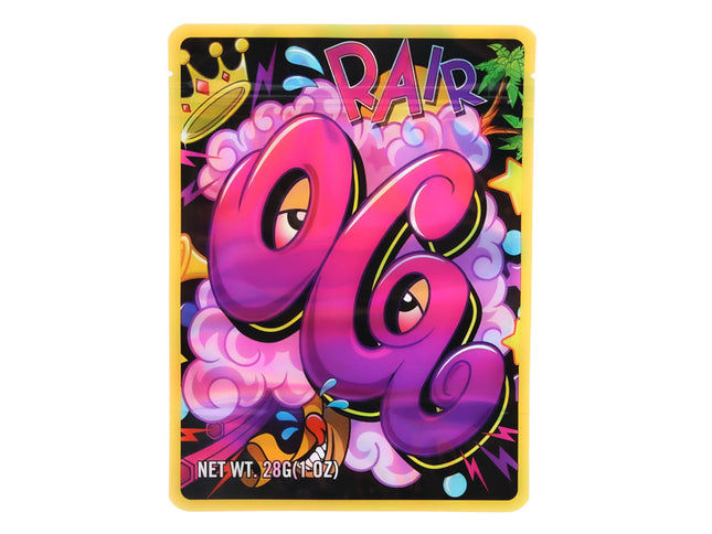 Mylar Bag Colorful packaging with 'RAIR' and '96' text on a black background