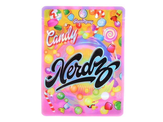Mylar Bag Colorful packaging of Candy Nerdz with candy-themed design on a white background