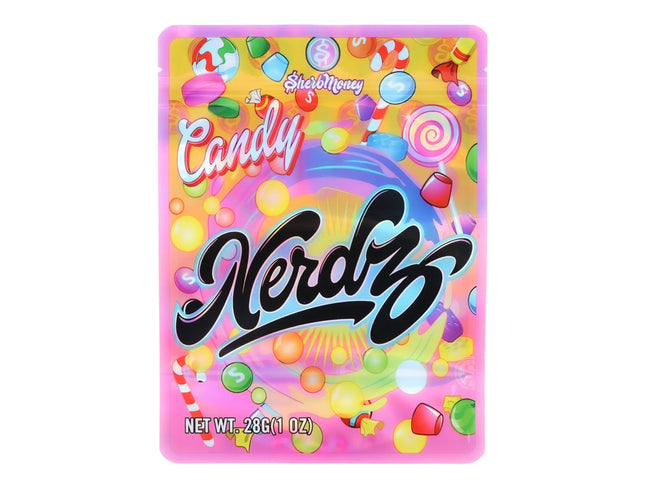Mylar Bag Colorful packaging of Nerdzs candy with candy-themed design elements.