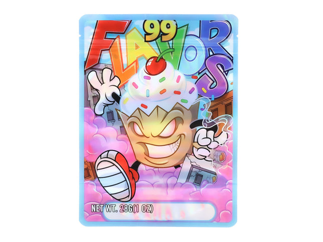 Mylar Bag Colorful packaging with cartoon characters and a ice cream cone, labeled '99 Flavors'.