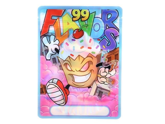 Mylar Bag Cartoon character with ice cream cone and '99 Flavors' text on a colorful background