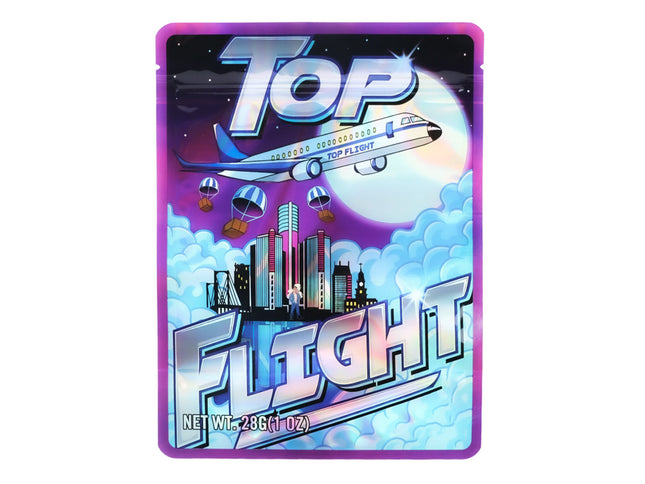 Large mylar bags, herb Mylar Bags, Mylar Bags 28 grams, Where to buy mylar bags, Custom mylar bags near me.  Top Flight candy package with airplane and cityscape design on a white background