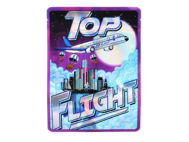 Large mylar bags, herb Mylar Bags, Mylar Bags 28 grams, Where to buy mylar bags, Custom mylar bags near me.  Colorful card with airplane and cityscape design, featuring the text 'Top Flight'.