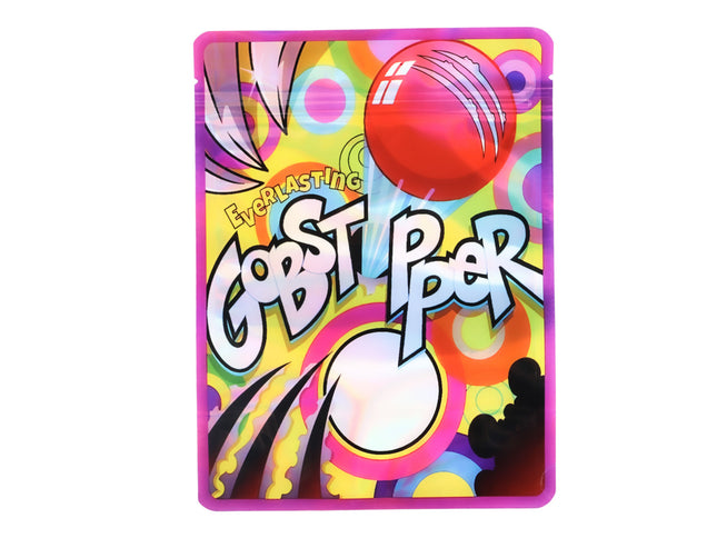 Large mylar bags, herb Mylar Bags, Mylar Bags 28 grams, Where to buy mylar bags, Custom mylar bags near me.  Colorful packaging of Everlasting Gobstoppers with a red and white candy on a white background