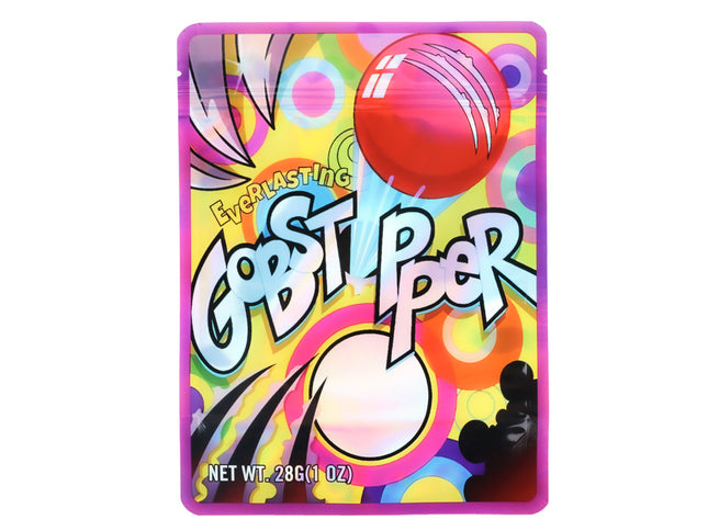 Large mylar bags, herb Mylar Bags, Mylar Bags 28 grams, Where to buy mylar bags, Custom mylar bags near me.  Colorful packaging of Everlasting Gobstoppers with a red ball and abstract design.