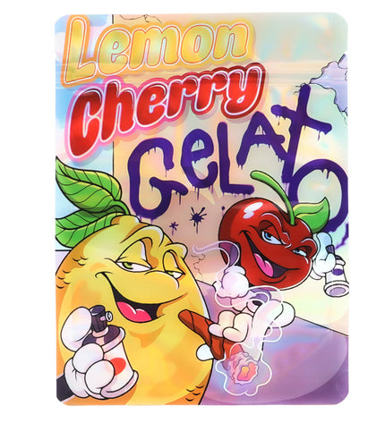 Large mylar bags, herb Mylar Bags, Mylar Bags 28 grams, Where to buy mylar bags, Custom mylar bags near me.  Cartoon lemon and cherry characters with 'Lemon Cherry Gelato' text on a colorful background