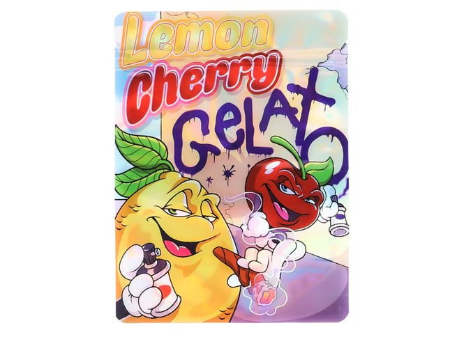 Large mylar bags, herb Mylar Bags, Mylar Bags 28 grams, Where to buy mylar bags, Custom mylar bags near me.  Cartoon lemon and cherry characters with 'Lemon Cherry Gelato' text on a colorful background