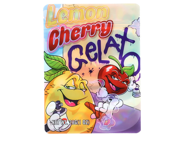 Large mylar bags, herb Mylar Bags, Mylar Bags 28 grams, Where to buy mylar bags, Custom mylar bags near me.  Colorful packaging of Lemon Cherry Gelato with cartoon characters on a white background
