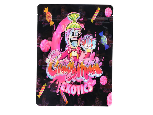 Mylar Bag Colorful packaging with a cartoon character and 'Candy Exotics' text on a black background