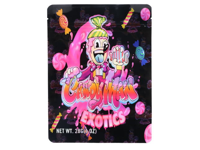 Mylar Bag Candy-themed product packaging with a cartoon character on a black background