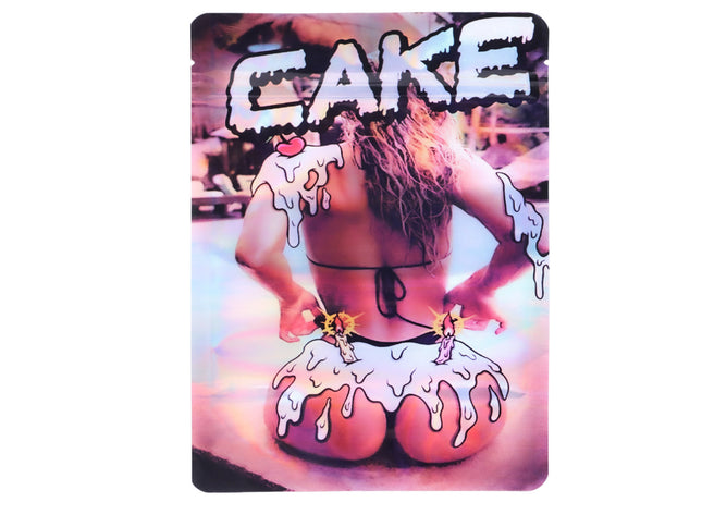 Large mylar bags, herb Mylar Bags, Mylar Bags 28 grams, Where to buy mylar bags, Custom mylar bags near me.  Person in a bikini with 'CAKE' text and cake graphics on a colorful background