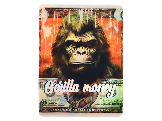 Large mylar bags, herb Mylar Bags, Mylar Bags 28 grams, Where to buy mylar bags, Custom mylar bags near me.  Gorilla-themed product with 'Gorilla money' text on a colorful background