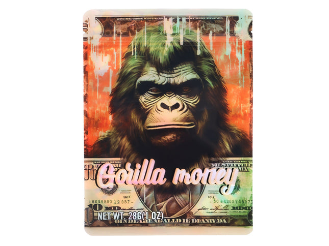 Large mylar bags, herb Mylar Bags, Mylar Bags 28 grams, Where to buy mylar bags, Custom mylar bags near me.  Tin container with a gorilla design and 'Gorilla money' text on a colorful background