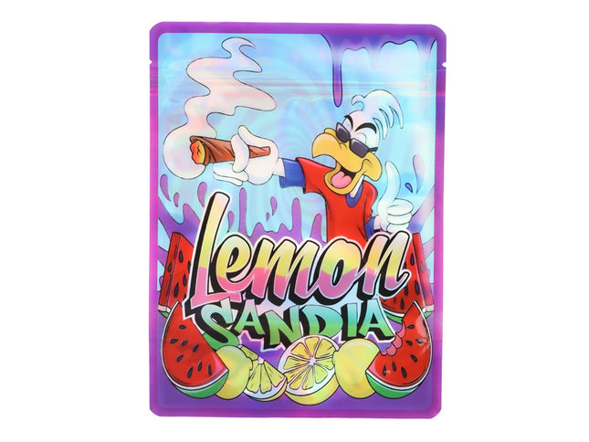 Mylar Bag Colorful packaging with a cartoon character and 'Lemon Sandia' text on a white background